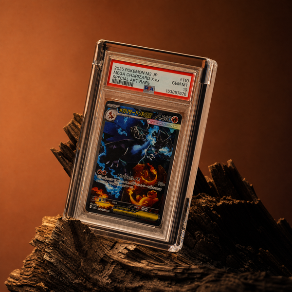 Clear Card Guard holding a PSA graded Charizard slab on driftwood
