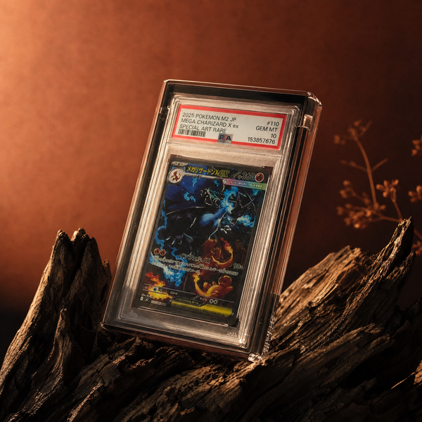 Black Card Guard holding a PSA graded Charizard slab on driftwood