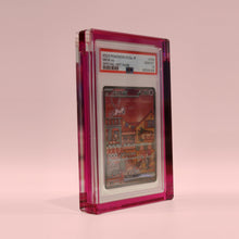Rose Quartz Pink Card Guard at an angle on a rose background, showing the depth of the acrylic frame