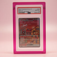 Rose Quartz Pink Card Guard on a rose background, holding a PSA graded Mew ex slab