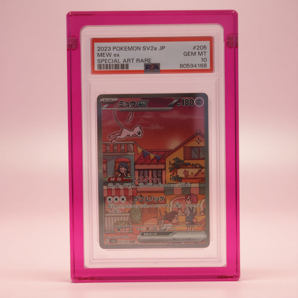 Rose Quartz Pink Card Guard on a rose background, holding a PSA graded Mew ex slab