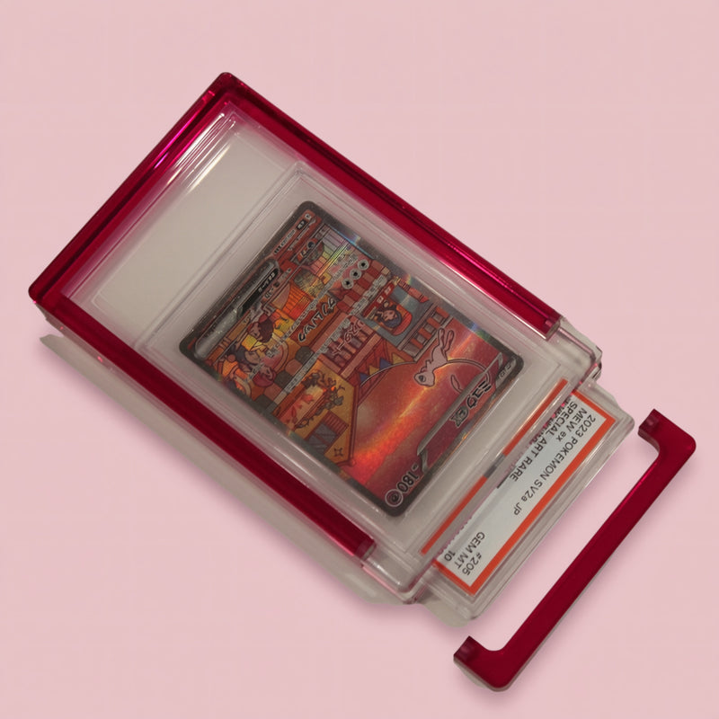 Rose Quartz Pink Card Guard open on a rose background with the PSA slab lifting out