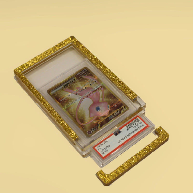 Royal Gold Card Guard open on a gold background with the PSA slab lifting out