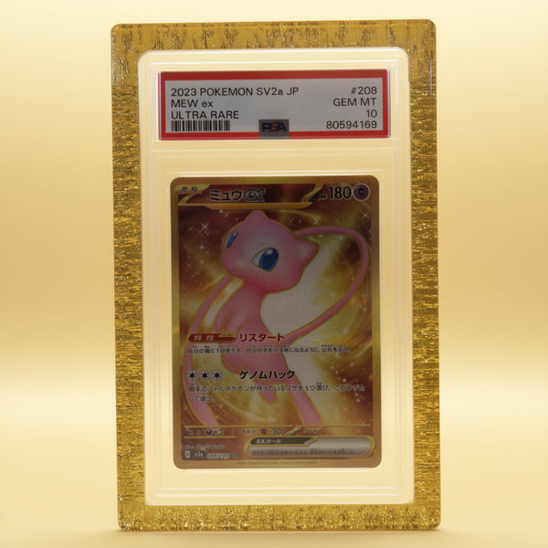 Royal Gold Card Guard on a gold background, holding a PSA graded Mew ex slab