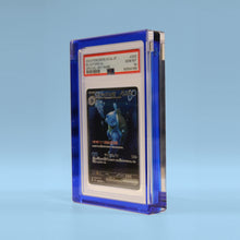 Sapphire Blue Card Guard at an angle on a sapphire background, showing the depth of the acrylic frame