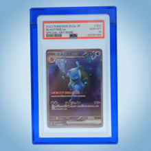 Sapphire Blue Card Guard on a sapphire background, holding a PSA graded Blastoise slab