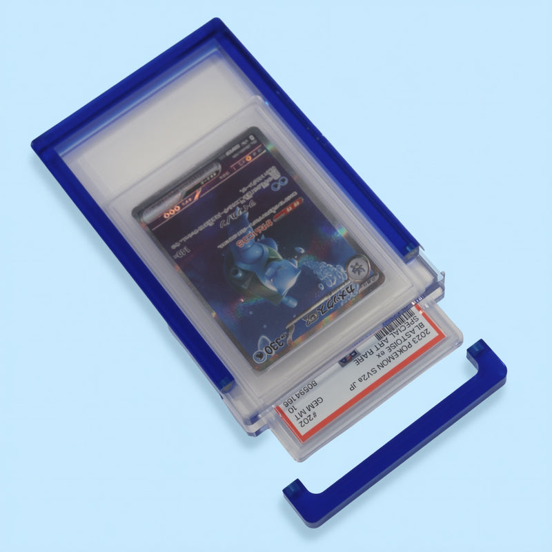 Sapphire Blue Card Guard open on a sapphire background with the PSA slab lifting out